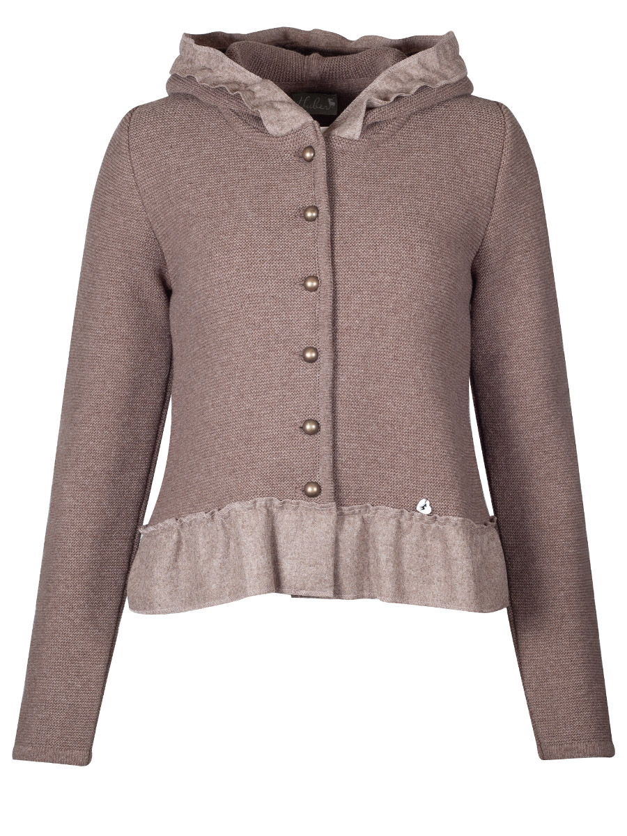 hausg'macht Kapuzen-Strickjacke Heike, rinde, Rüschenborte #1