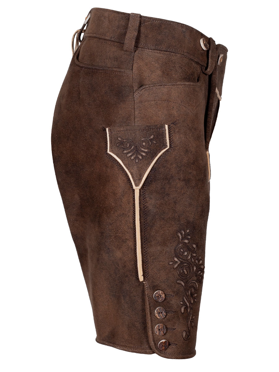 Kurze Lederhose Maximus, zirbel, moosgrüner Stick, sämisch Hirsch #4