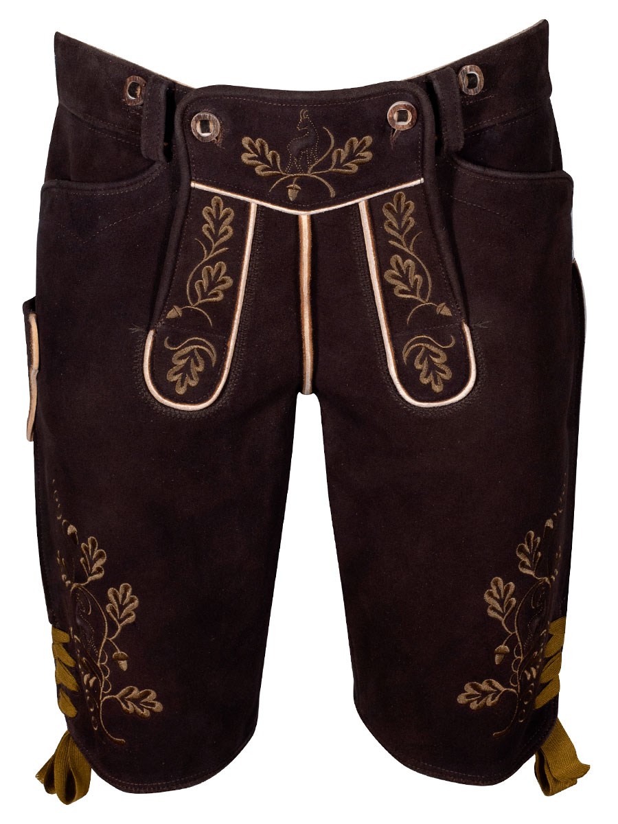 hausg'macht Kurze Lederhose Leogang, Hirsch sämina braun, olivgrüner Stick #1