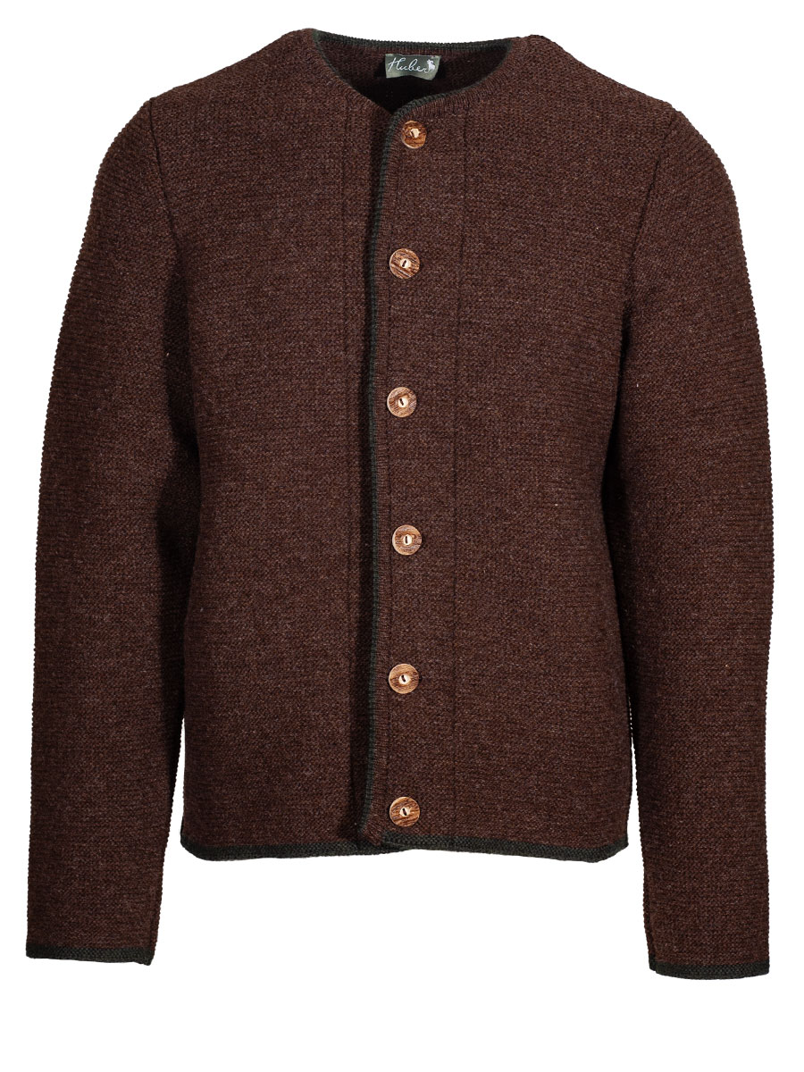 Huber Strickjacke Gerhard, dunkelbraun, grüne Einfassung, Hirschhornknöpfe #1