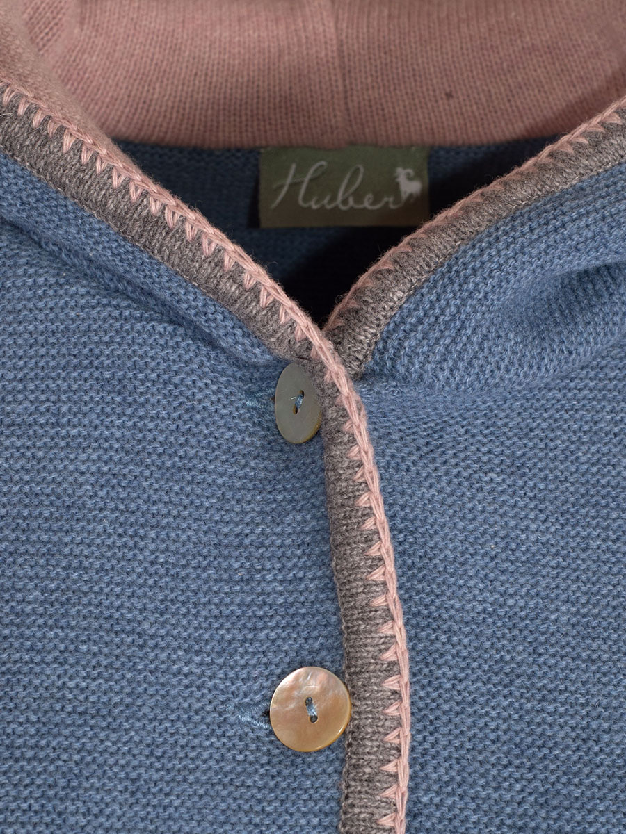 Huber Kapuzen-Strickjacke Erika, blau, Einfassung in Beige-Rosa #3
