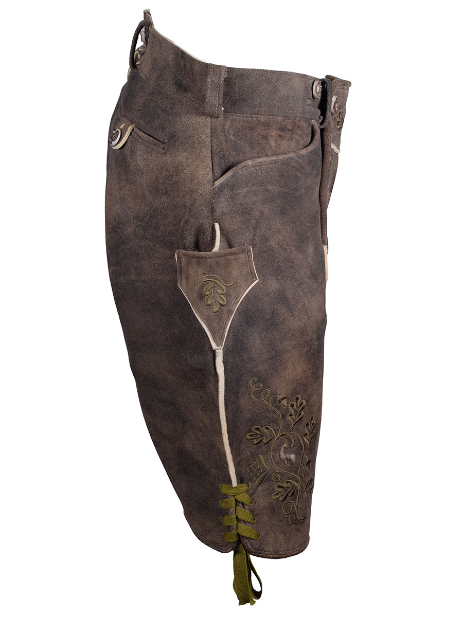 Kurze Lederhose Leogang, Hirsch sämisch, eibe, mittelgrüne Blattstickerei, hochwertig #3