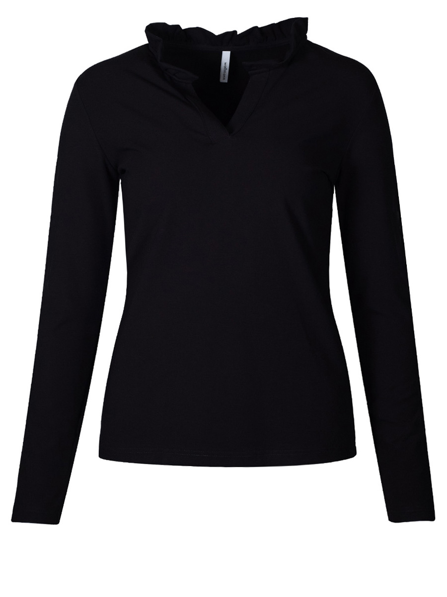 Wallmann Langarmshirt schwarz mit Rüschenkragen, V-Ausschnitt #1