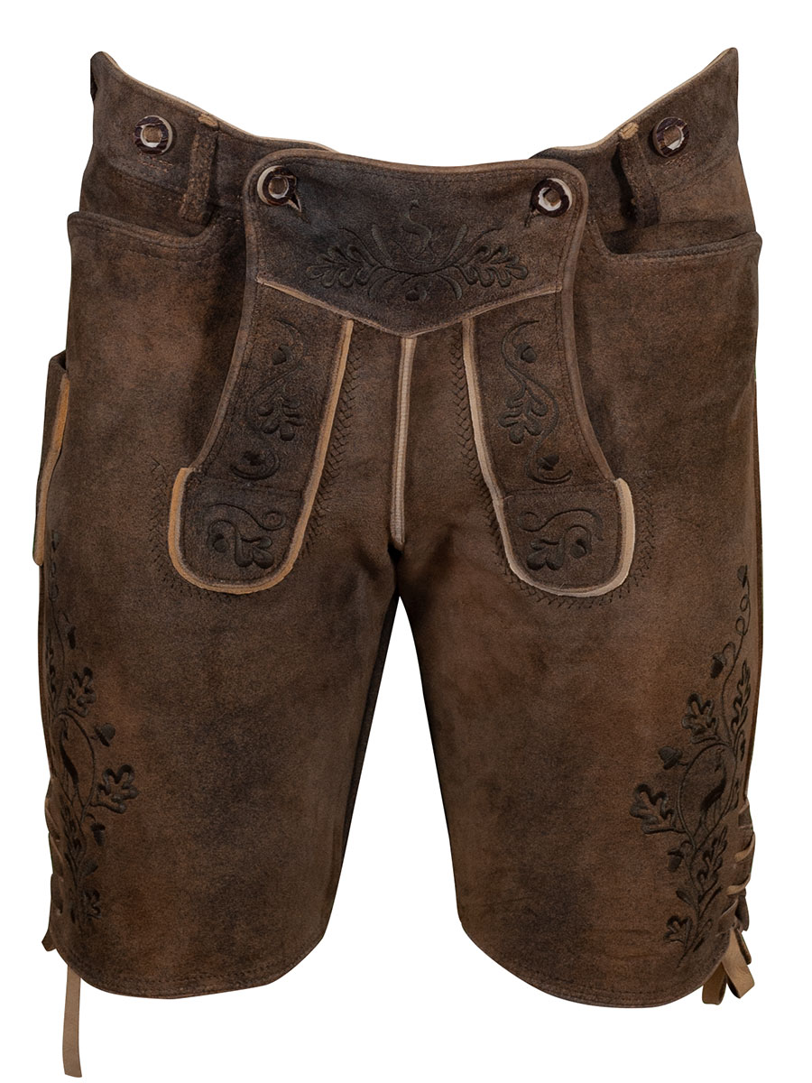 Weinbauer Kurze Lederhose Ludwig, Ziegenvelour, antik Braun, grüner Stick #1