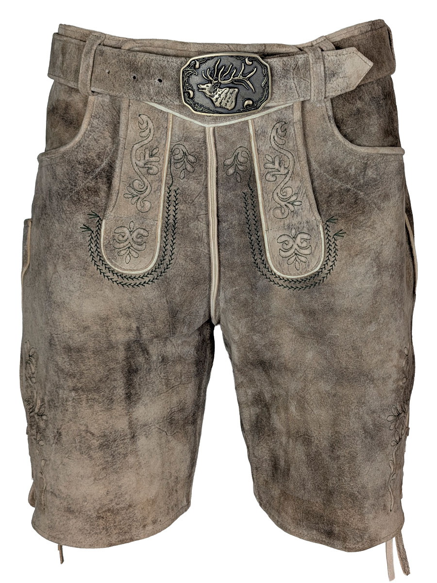 Spieth & Wensky Kurze Lederhose Hirten mit Gürtel, sandholz, grüner Stick #1