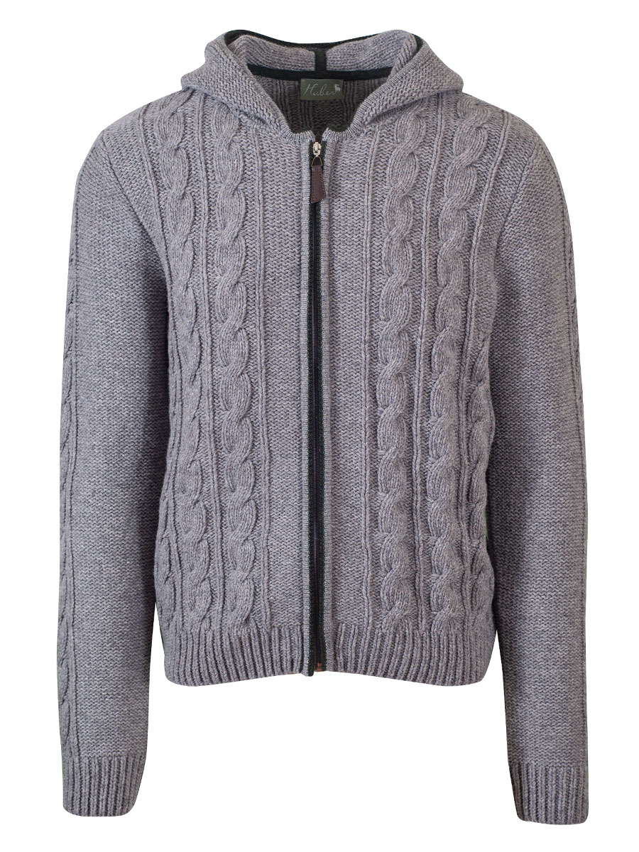 Huber Kapuzen-Strickjanker Heinz, grau-tanne, Zopfmuster #1