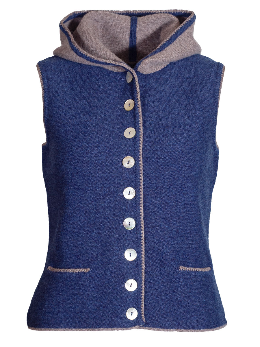Astrifa Längenfeld Strickweste, Kapuze, blau mit grau-brauner Einfassung #1