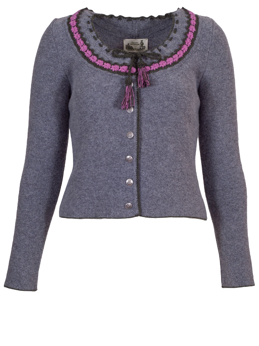 Astrifa Berchtesgadner-Dirndlstrickjacke Endach, grau, gehäkelte Blumen, rosa Einfassung #1