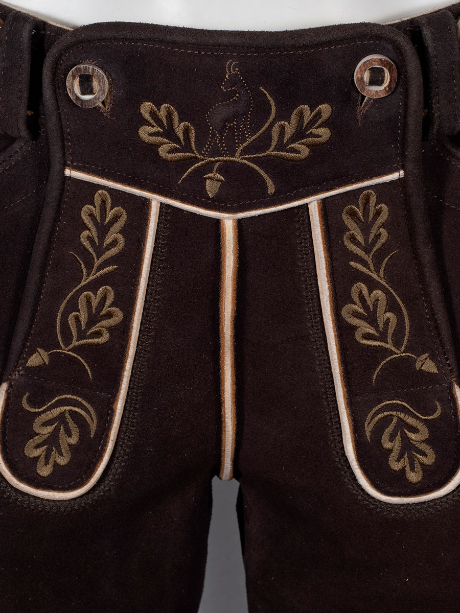 hausg'macht Kurze Lederhose Leogang, Hirsch sämina braun, olivgrüner Stick #5