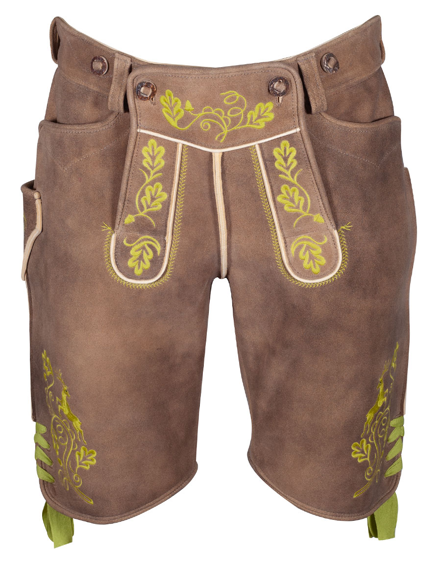hausg'macht Kurze Lederhose Bayrischzell, Hirsch sämisch, altgold, hellgrüner Stick #1