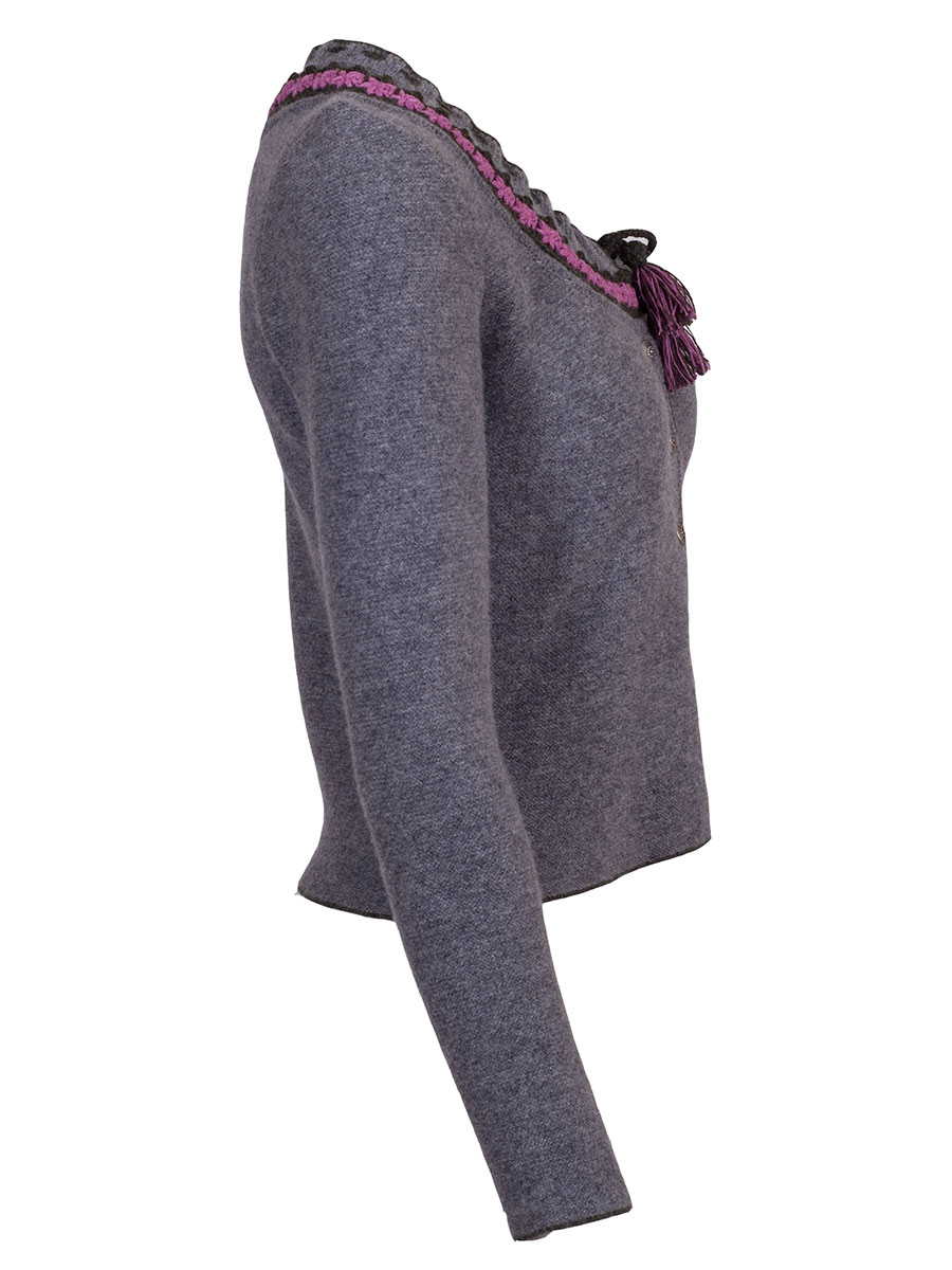 Astrifa Berchtesgadner-Dirndlstrickjacke Endach, grau, gehäkelte Blumen, rosa Einfassung #2