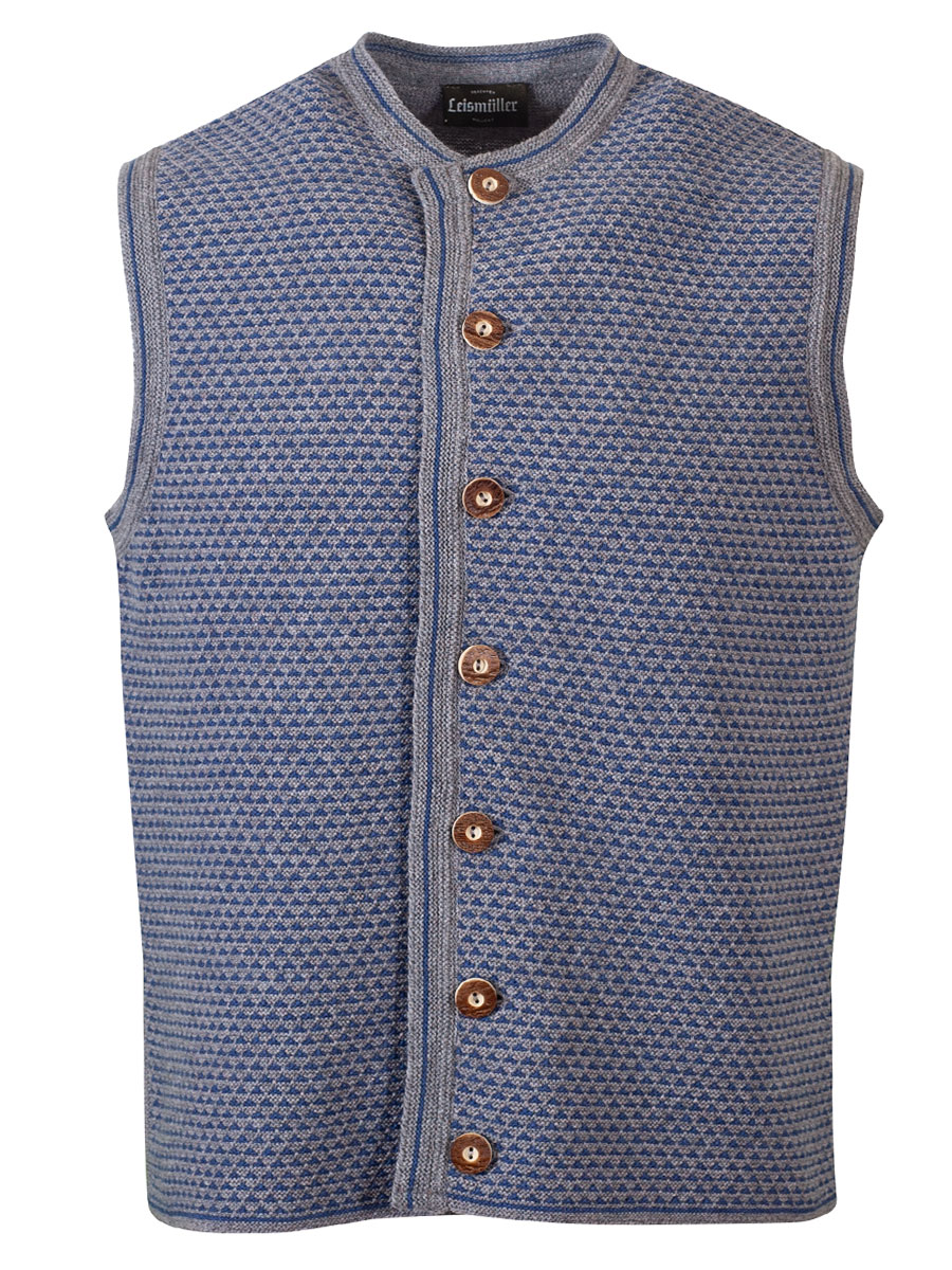 hausg'macht Strickweste Seppi grau, leicht, blau gemustert #1