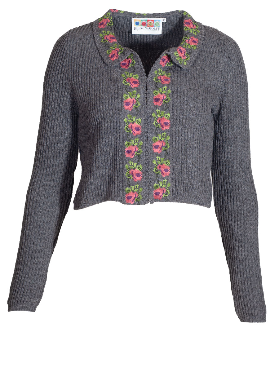 Berwin & Wolff Strickjacke mittelgrau, bunter Rosenstickerei, Umlegekragen #1