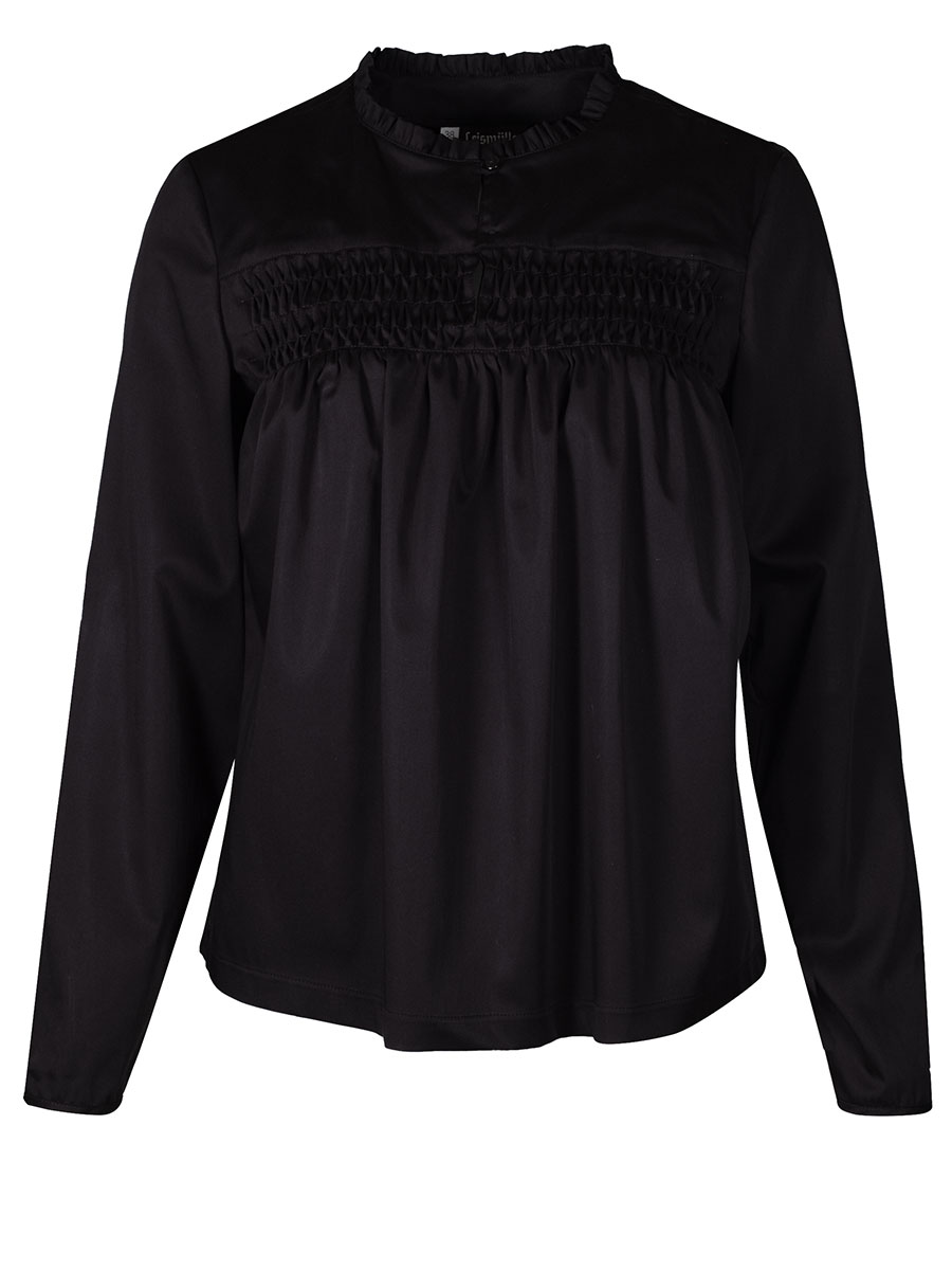 Anna Damenbluse schwarz, Langarm, gesmokter Brustbereich #1