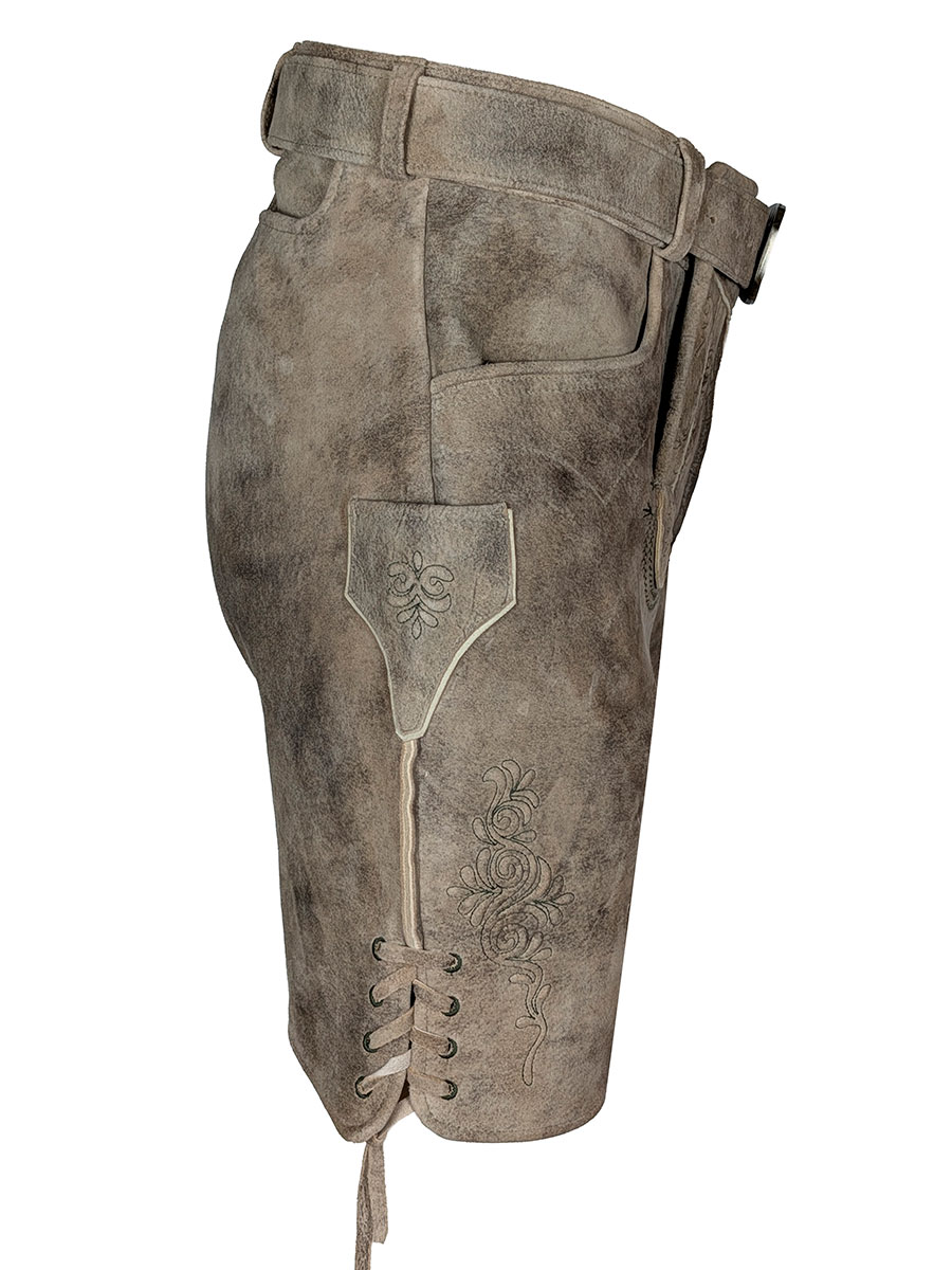 Spieth & Wensky Kurze Lederhose Hirten mit Gürtel, sandholz, grüner Stick #3