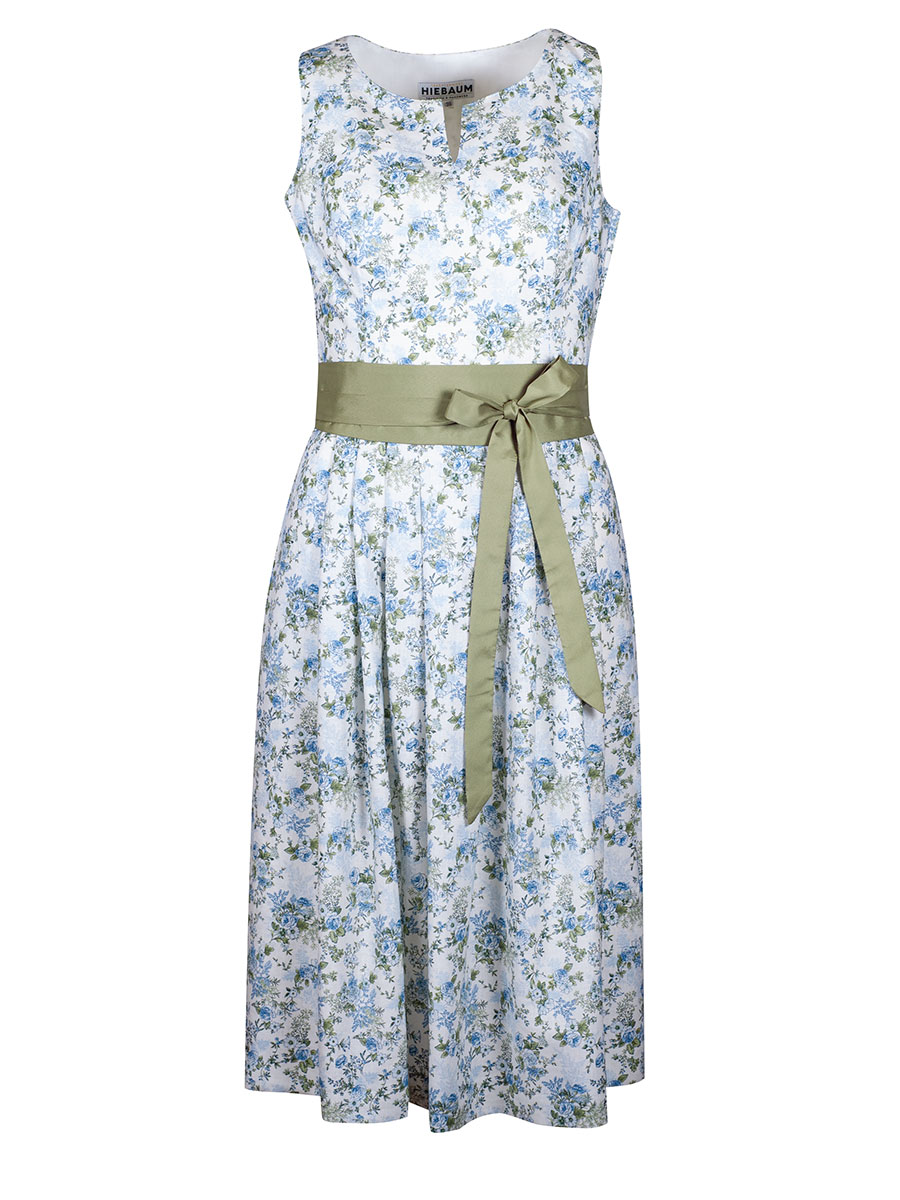 Hiebaum Trägerkleid weiß, blaue Blümchen, grüner Bindegürtel #1