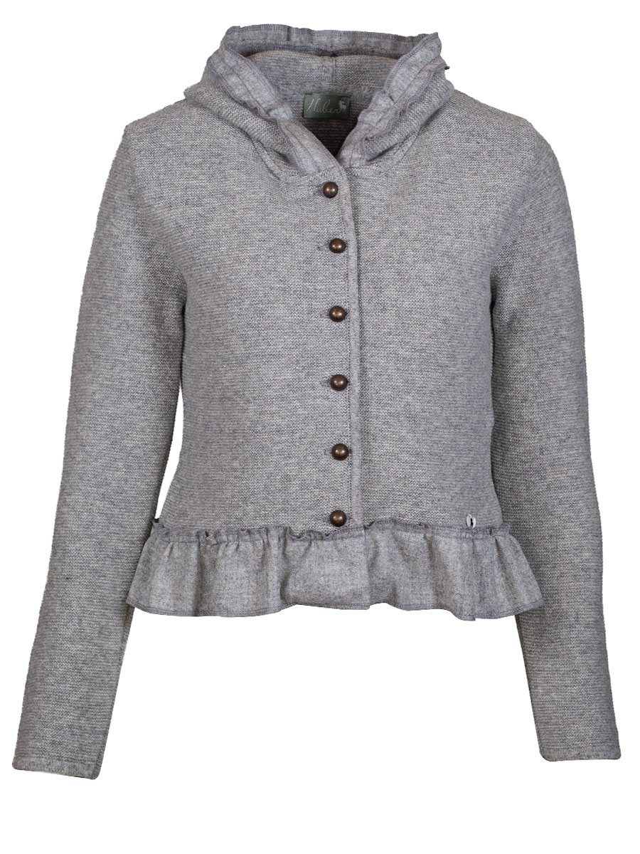 hausg'macht Kapuzen-Strickjacke Heike, silber, Rüschenborte #1