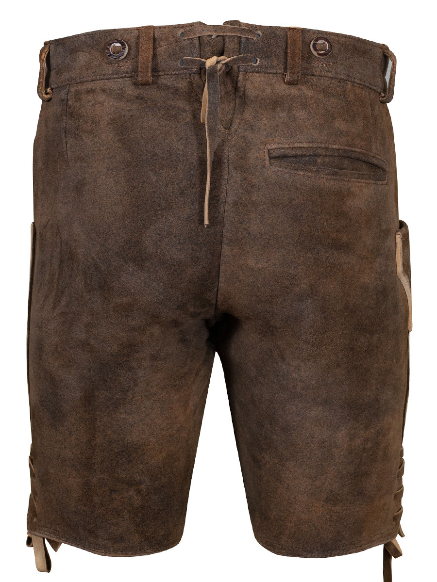 Weinbauer Kurze Lederhose Ludwig, Ziegenvelour, antik Braun, grüner Stick #3