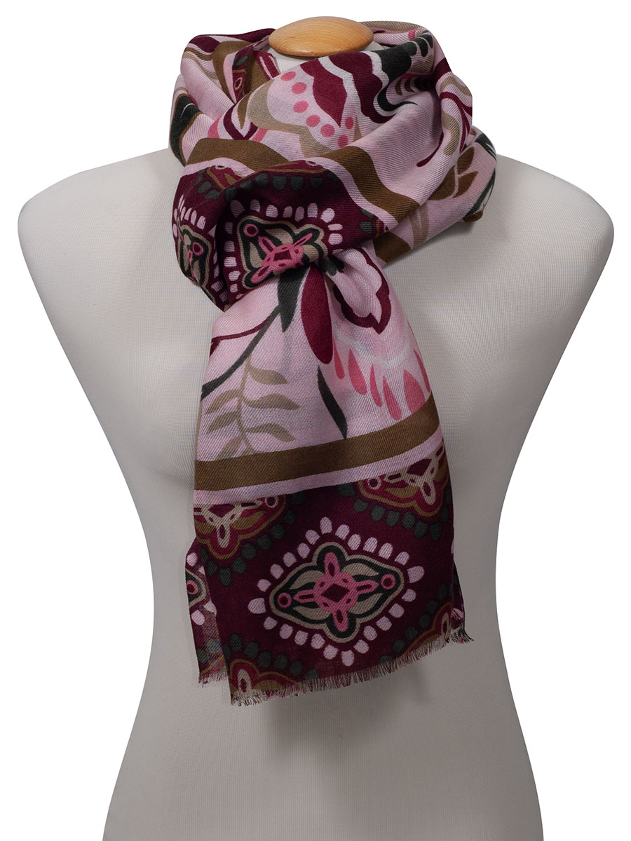 Hammerschmid Schal bordeaux-rosa, Blumen-Blättermuster #1