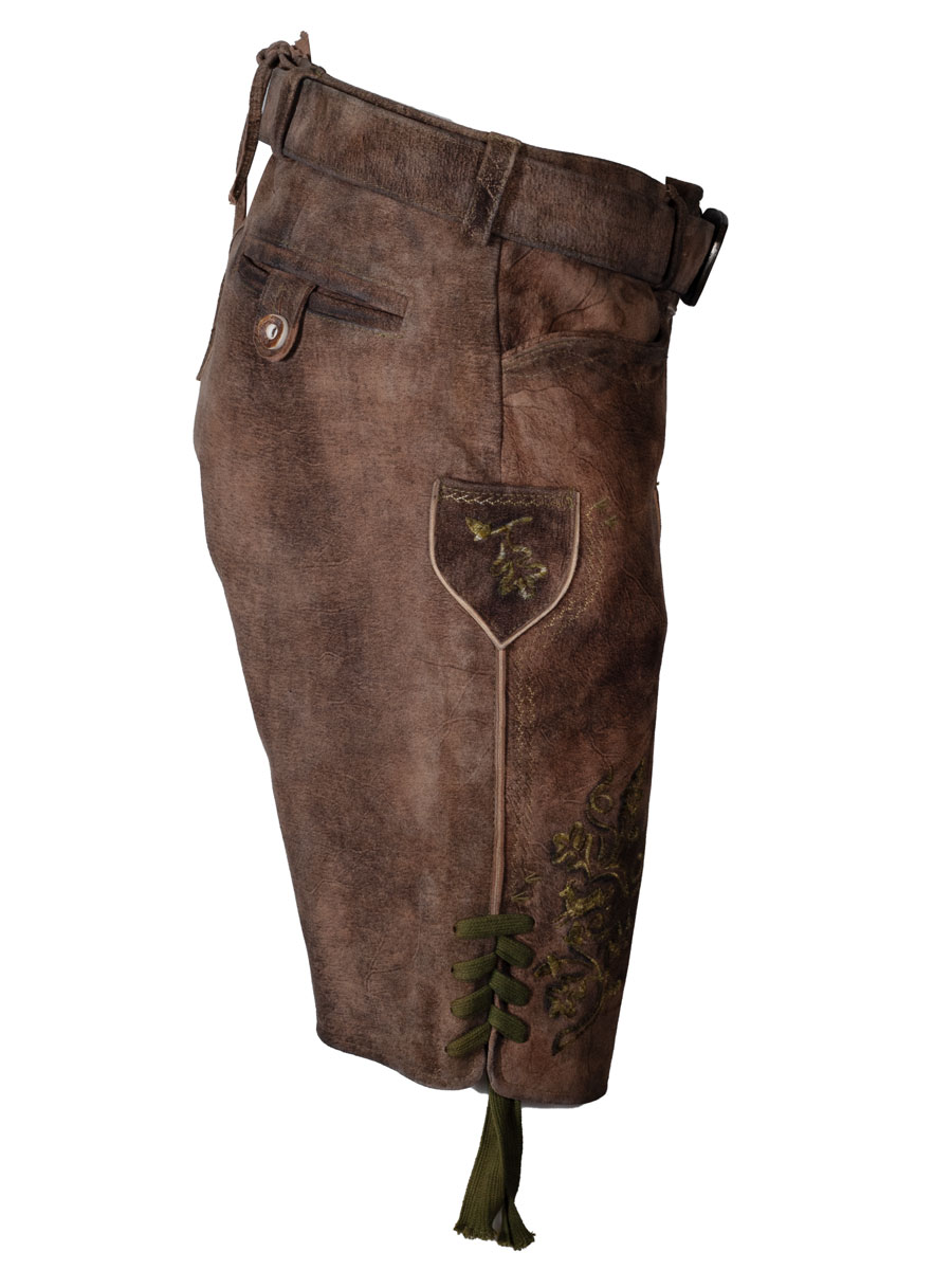 Spieth & Wensky Kurze Lederhose Presley mit Gürtel, mandelbraun, olivgrüner Stick #2