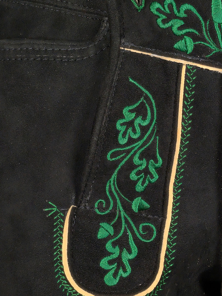 Weinbauer Lederhose Reuth, schwarz, dunkelgrüner Stick #6