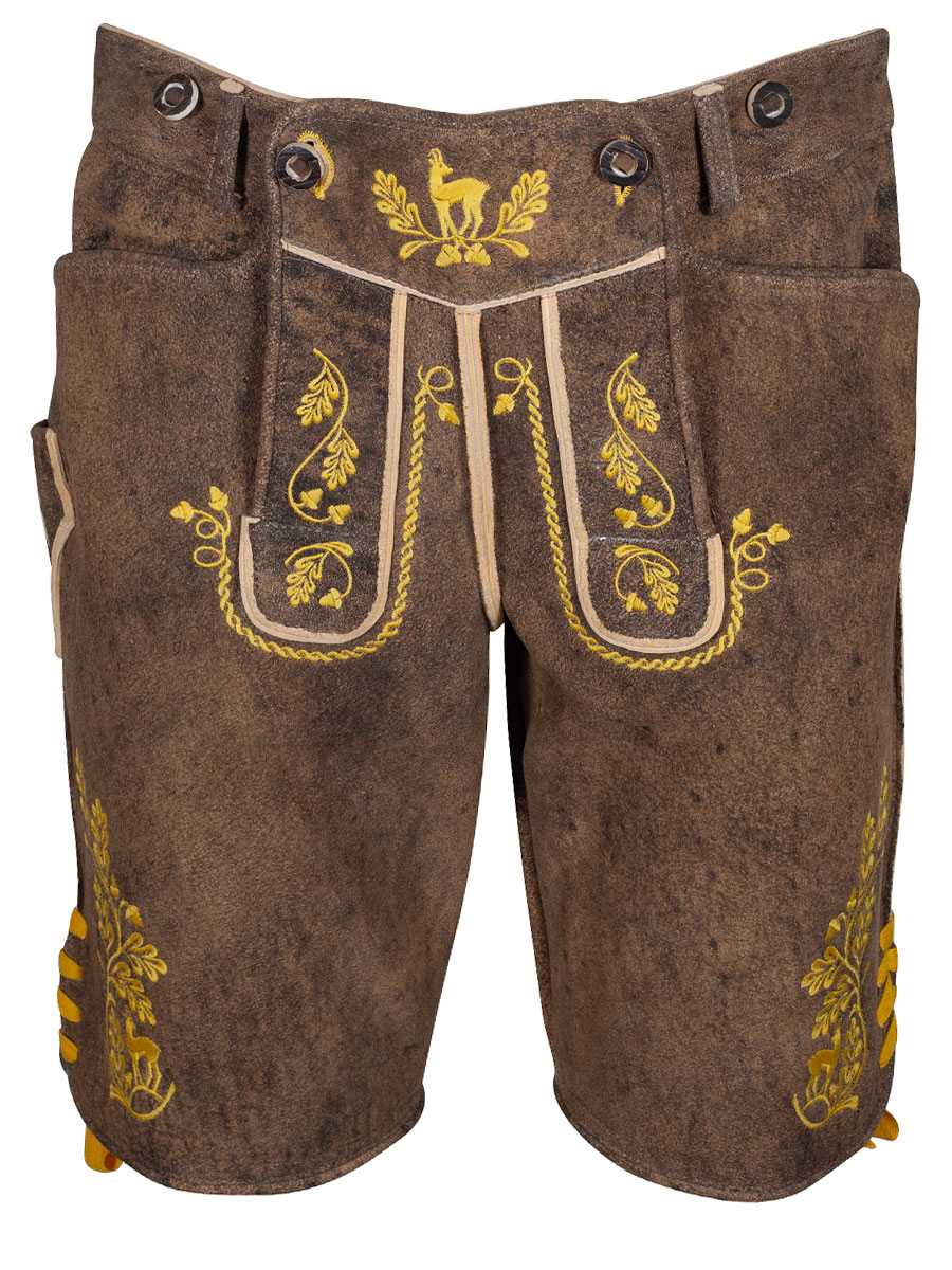 Weinbauer Kurze Lederhose Franz, Rothirsch, stein antik, gelber Stick #1
