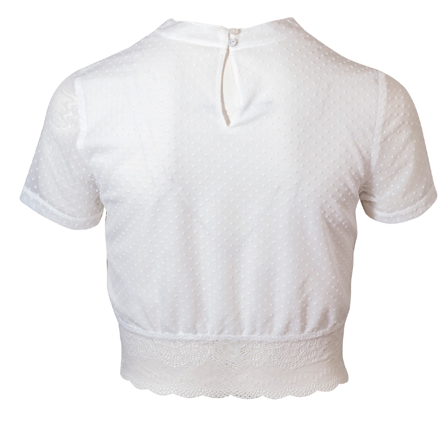 Waldorff Dirndlbluse, weiß, elegant, breiter Spitzenbund, hochgeschlossen, Kurzarm #2