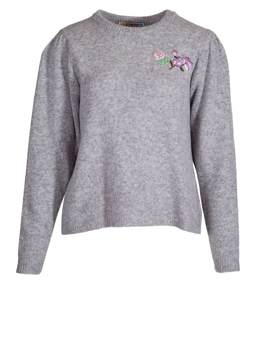 Berwin & Wolff Strickpullover, grau, Blumenstick, Puffarm #1