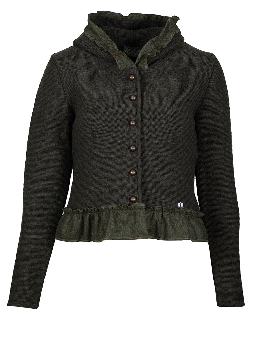 hausg'macht Kapuzen-Strickjacke Heike, lodengrün, Rüschenborte #1