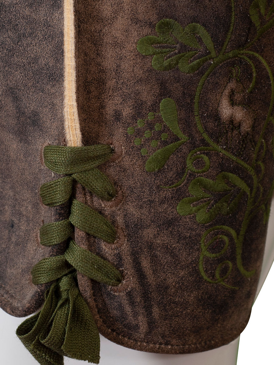 Kurze Lederhose Leogang, Hirsch sämisch, eibe, mittelgrüne Blattstickerei, hochwertig #5