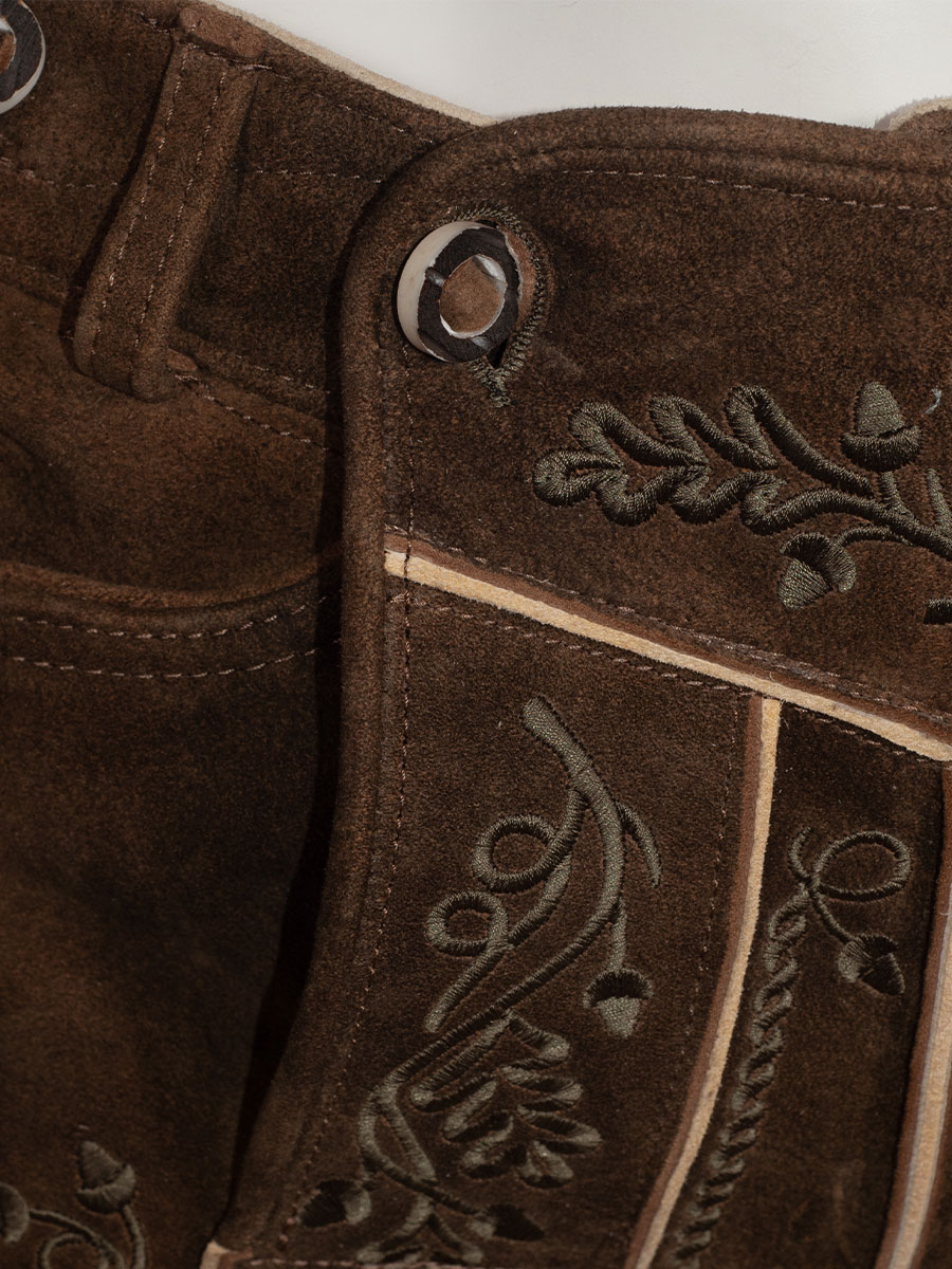 Weinbauer Kurze Lederhose Sepp, Ziegenvelour, bisam, olivgrüner Stick #4