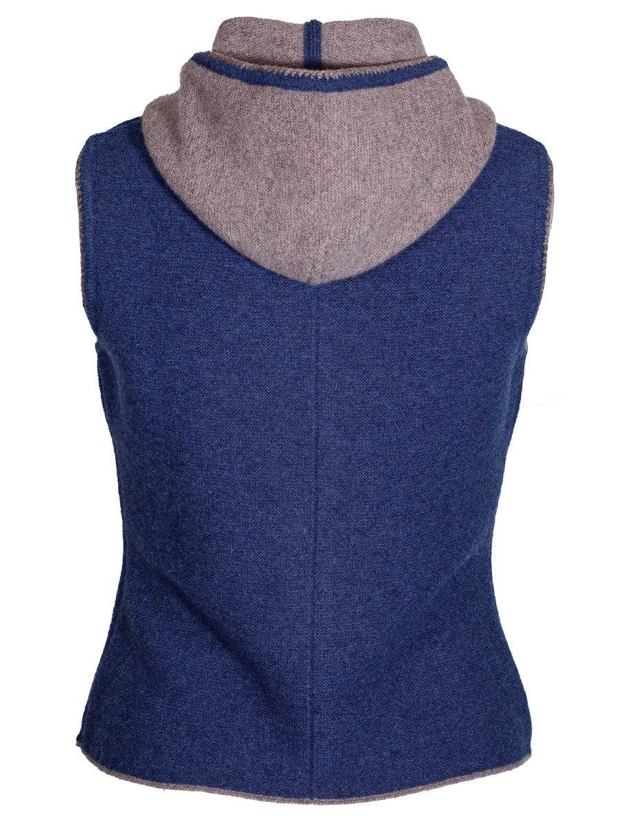Astrifa Längenfeld Strickweste, Kapuze, blau mit grau-brauner Einfassung #2