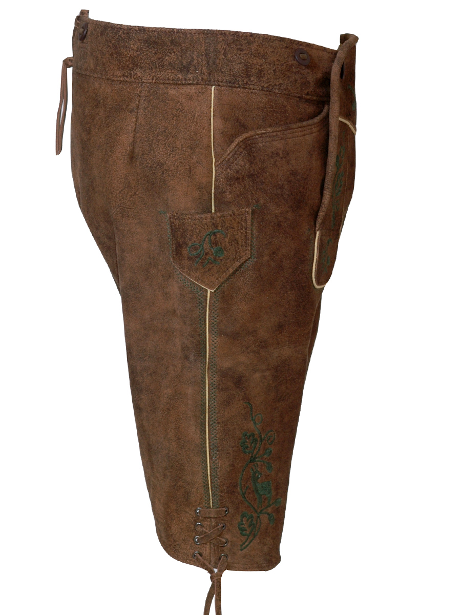 Rohrdorf Kurze Lederhose, Wildbock antik walnuss, dunkelgrüner Stick #2