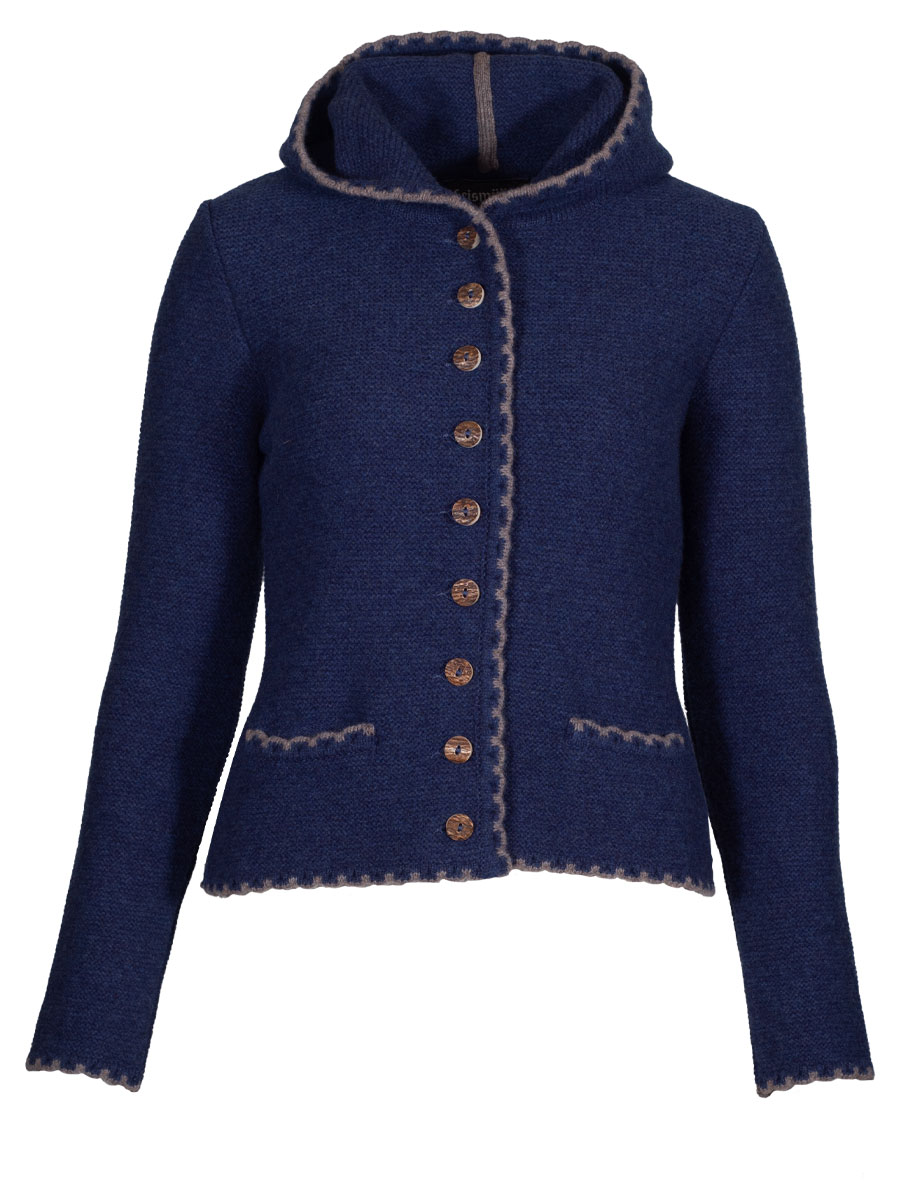 Astrifa Lemberg Strickjacke, Kapuze, nachtblau, beige Einfassung #1