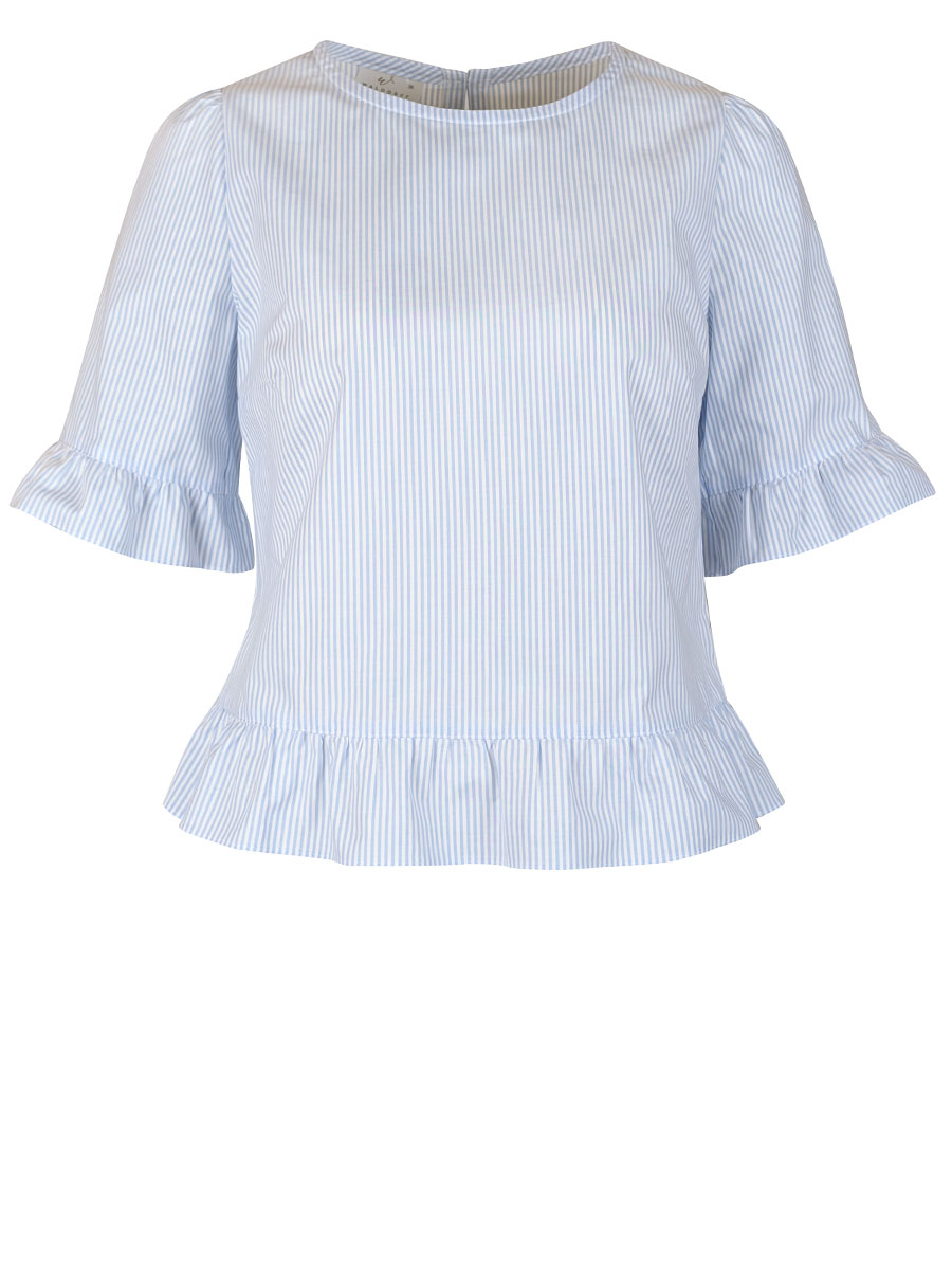 Waldorff Damenbluse, hellblau-weiß gestreift, Volantabschlüsse #1