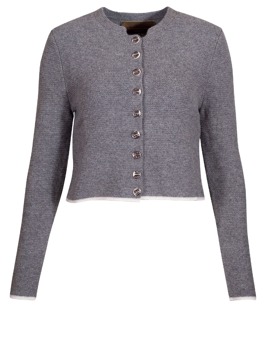 fei scho schee Strickjacke, grau, Einfassung in ecru, kurz #1