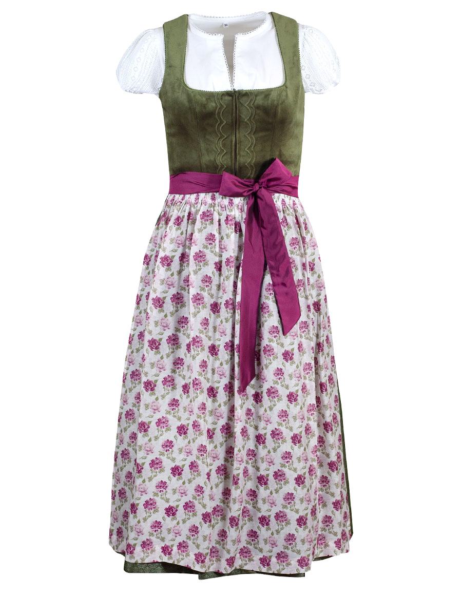 Wenger Baumwolldirndl Claire, oliv, geblümte Schürze, 80lg #1
