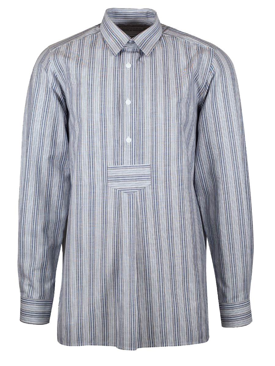 Waldorff Tachtenhemd blau-grau, gestreift, Liegekragen, Pfoad #1