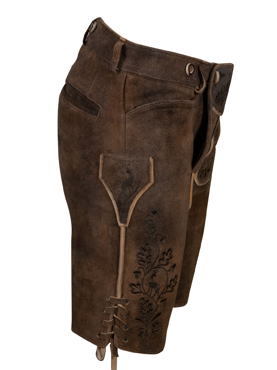Weinbauer Kurze Lederhose Ludwig, Ziegenvelour, antik Braun, grüner Stick #2