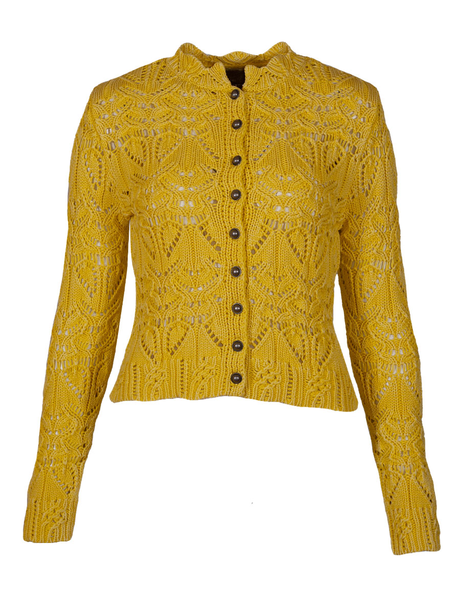fei scho schee Strickjacke, gelb, grobes Häkelmuster, kurz #1