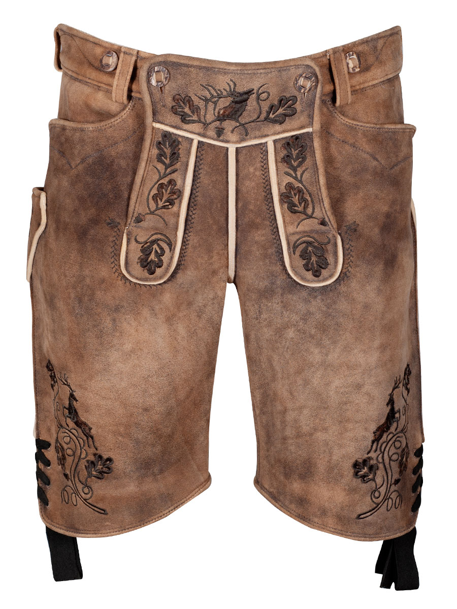 Kurze Lederhose Eiger, Hirsch sämisch, eibe, dunkelgrüne Blattstickerei, hochwertig #1
