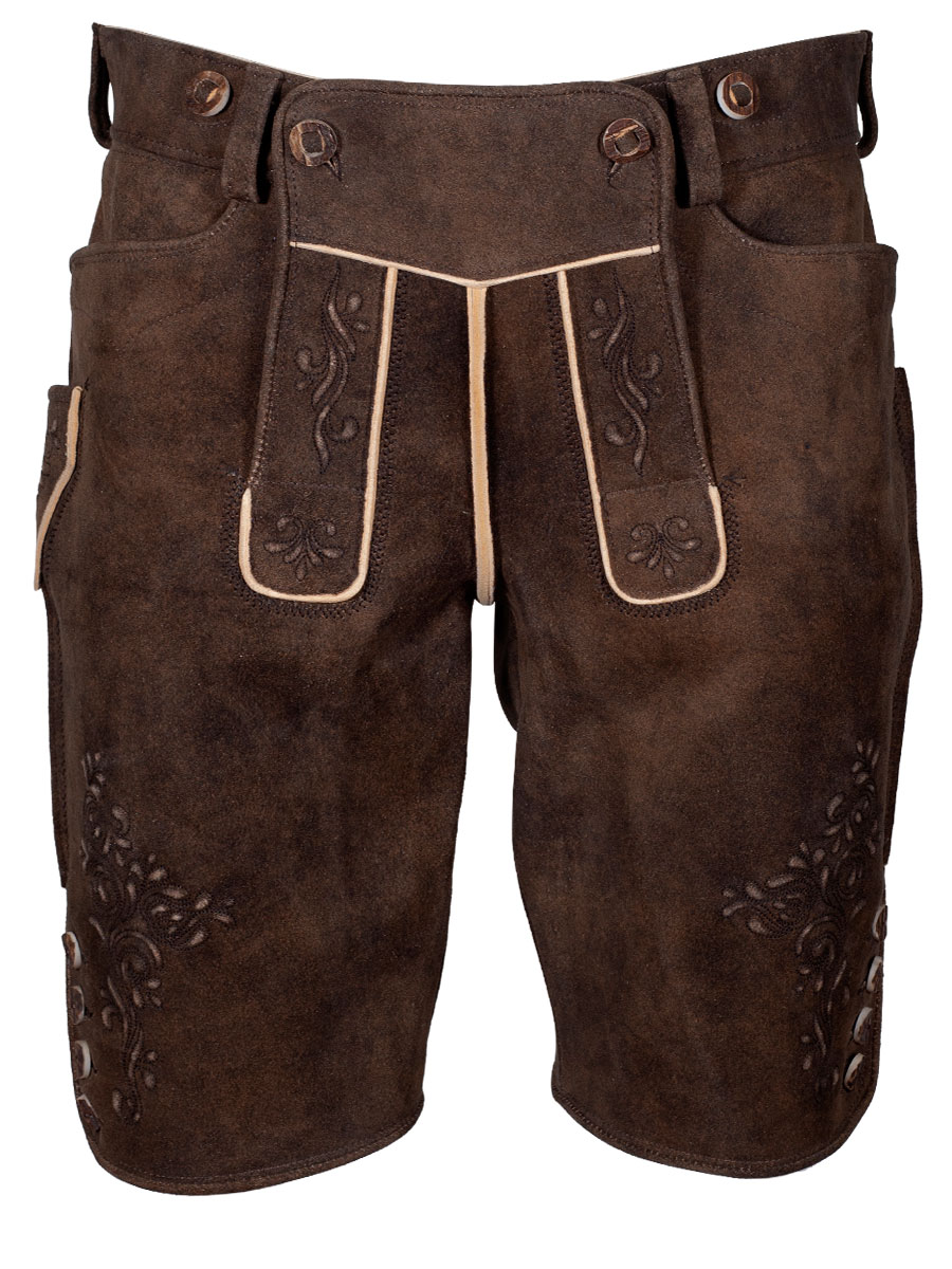 Kurze Lederhose Maximus, zirbel, moosgrüner Stick, sämisch Hirsch #1
