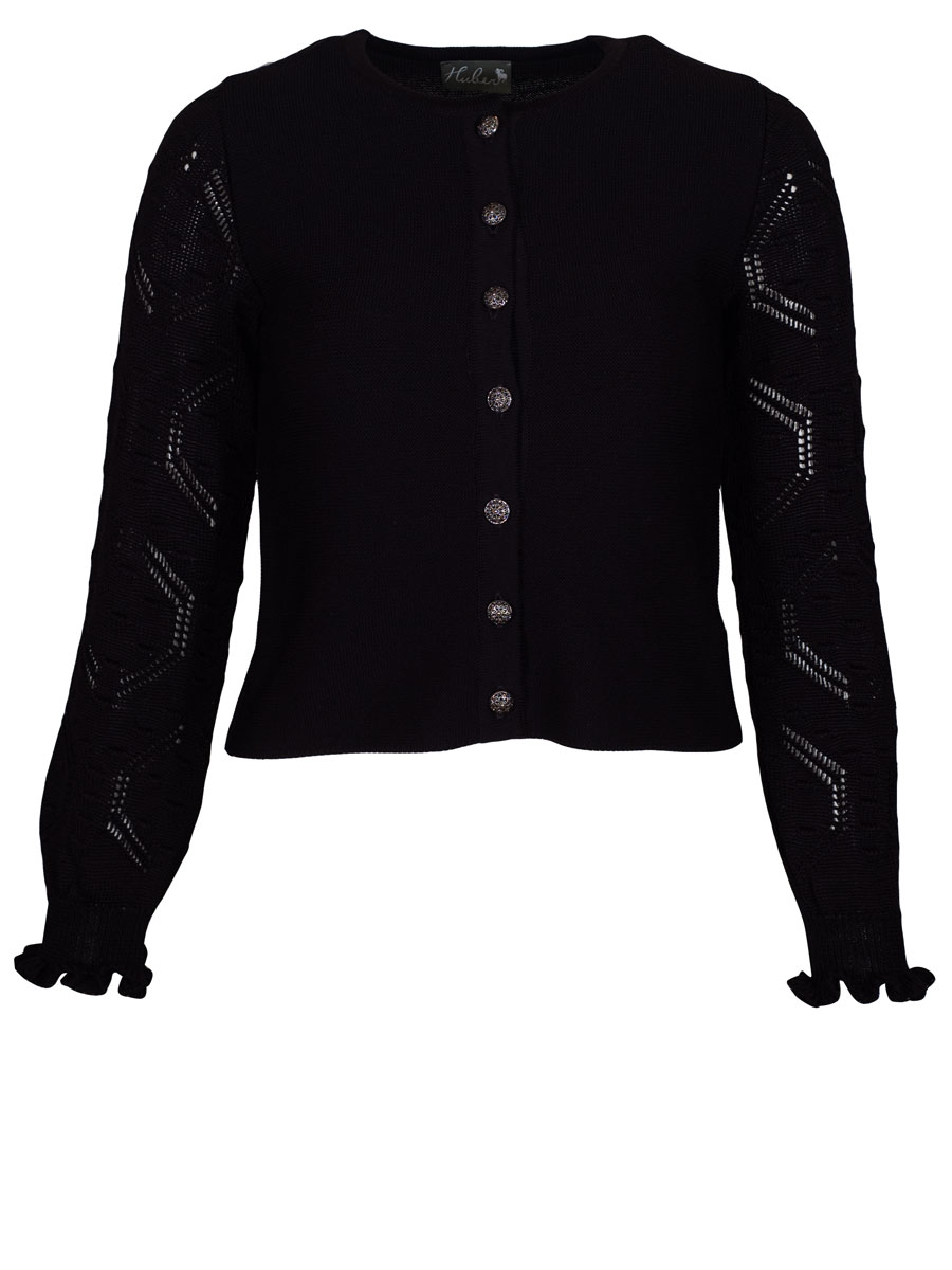Huber Strickjacke Irina, schwarze, Rüschen, Arme mit Lochmuster Huber Strickjacke Irina, schwarze, Rüschen, Arme mit Lochmuster #1